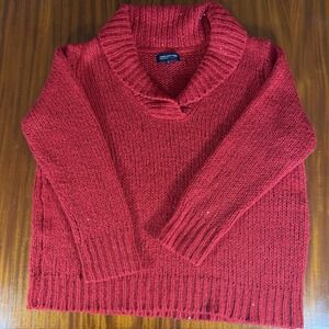 Jones New York‎ Signature Red Chunky Knit Sweater Women's 2X Cowl Neck Sequins